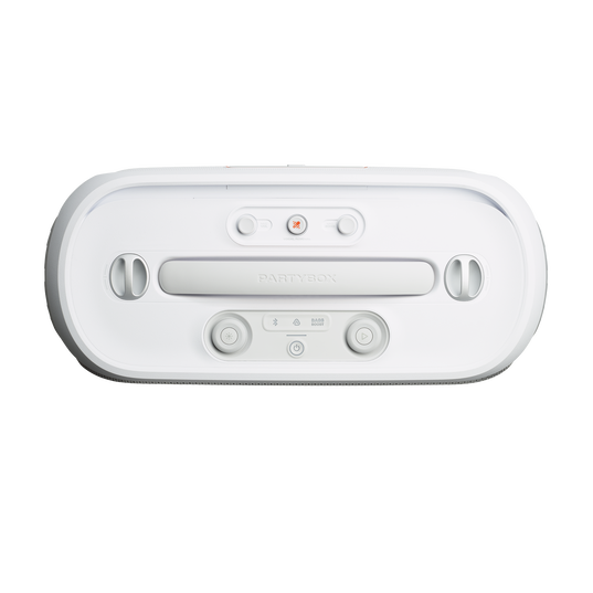 JBL PartyBox On-the-Go 2 Plus - White - Portable party speaker with real-time AI vocal removal, a wireless mic, powerful JBL Pro Sound, a dynamic lightshow, up to 15 hours of playtime, and a replaceable battery, plus a handle and shoulder strap - Top