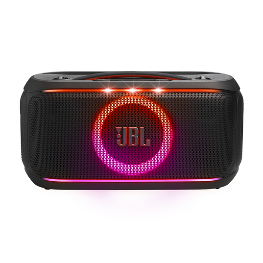 JBL PartyBox On-the-Go 2 Plus - Black - Portable party speaker with real-time AI vocal removal, a wireless mic, powerful JBL Pro Sound, a dynamic lightshow, up to 15 hours of playtime, and a replaceable battery, plus a handle and shoulder strap - Front