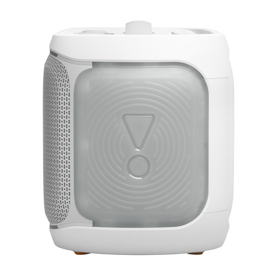 JBL PartyBox On-the-Go 2 Plus - White - Portable party speaker with real-time AI vocal removal, a wireless mic, powerful JBL Pro Sound, a dynamic lightshow, up to 15 hours of playtime, and a replaceable battery, plus a handle and shoulder strap - Left