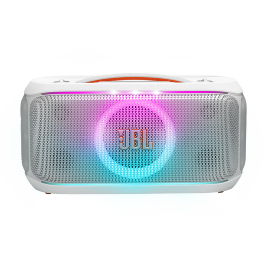 JBL PartyBox On-the-Go 2 Plus - White - Portable party speaker with real-time AI vocal removal, a wireless mic, powerful JBL Pro Sound, a dynamic lightshow, up to 15 hours of playtime, and a replaceable battery, plus a handle and shoulder strap - Front
