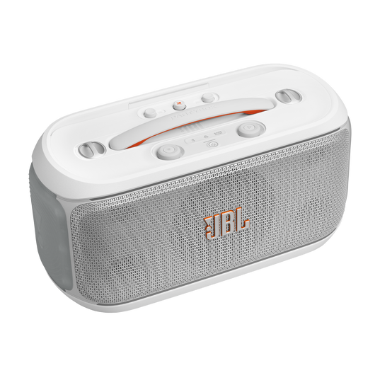 JBL PartyBox On-the-Go 2 Plus - White - Portable party speaker with real-time AI vocal removal, a wireless mic, powerful JBL Pro Sound, a dynamic lightshow, up to 15 hours of playtime, and a replaceable battery, plus a handle and shoulder strap - Detailshot 2
