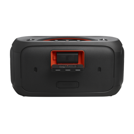JBL PartyBox On-the-Go 2 Plus - Black - Portable party speaker with real-time AI vocal removal, a wireless mic, powerful JBL Pro Sound, a dynamic lightshow, up to 15 hours of playtime, and a replaceable battery, plus a handle and shoulder strap - Back