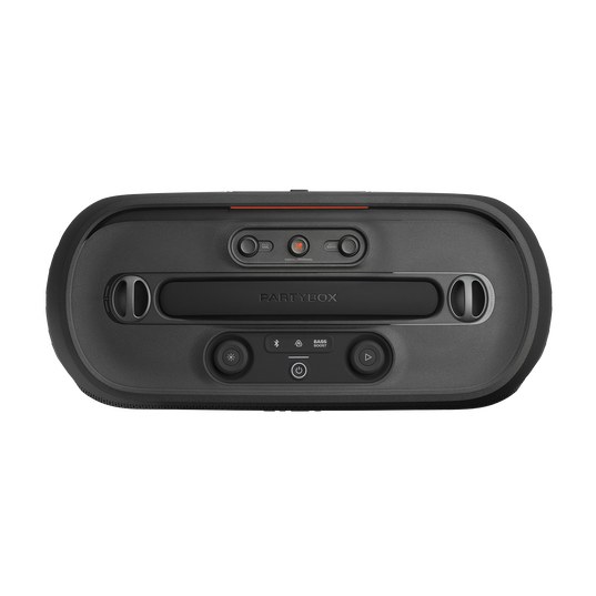 JBL PartyBox On-the-Go 2 Plus - Black - Portable party speaker with real-time AI vocal removal, a wireless mic, powerful JBL Pro Sound, a dynamic lightshow, up to 15 hours of playtime, and a replaceable battery, plus a handle and shoulder strap - Top