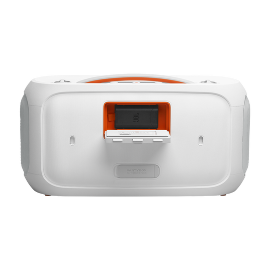 JBL PartyBox On-the-Go 2 Plus - White - Portable party speaker with real-time AI vocal removal, a wireless mic, powerful JBL Pro Sound, a dynamic lightshow, up to 15 hours of playtime, and a replaceable battery, plus a handle and shoulder strap - Back
