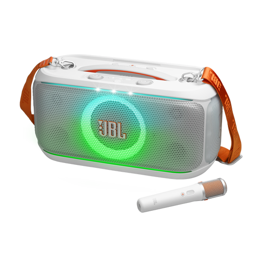 JBL PartyBox On-the-Go 2 Plus - White - Portable party speaker with real-time AI vocal removal, a wireless mic, powerful JBL Pro Sound, a dynamic lightshow, up to 15 hours of playtime, and a replaceable battery, plus a handle and shoulder strap - Hero