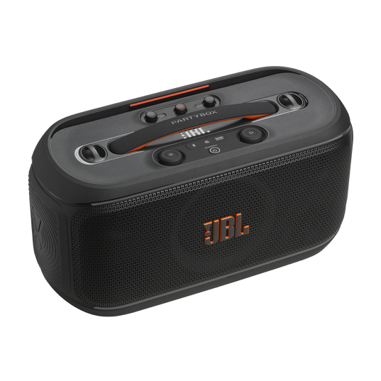 JBL PartyBox On-the-Go 2 Plus - Black - Portable party speaker with real-time AI vocal removal, a wireless mic, powerful JBL Pro Sound, a dynamic lightshow, up to 15 hours of playtime, and a replaceable battery, plus a handle and shoulder strap - Detailshot 2