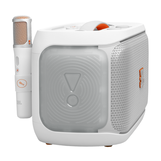 JBL PartyBox On-the-Go 2 Plus - White - Portable party speaker with real-time AI vocal removal, a wireless mic, powerful JBL Pro Sound, a dynamic lightshow, up to 15 hours of playtime, and a replaceable battery, plus a handle and shoulder strap - Detailshot 1