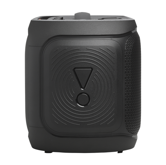 JBL PartyBox On-the-Go 2 Plus - Black - Portable party speaker with real-time AI vocal removal, a wireless mic, powerful JBL Pro Sound, a dynamic lightshow, up to 15 hours of playtime, and a replaceable battery, plus a handle and shoulder strap - Left