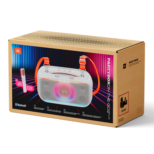 JBL PartyBox On-the-Go 2 Plus - White - Portable party speaker with real-time AI vocal removal, a wireless mic, powerful JBL Pro Sound, a dynamic lightshow, up to 15 hours of playtime, and a replaceable battery, plus a handle and shoulder strap - Detailshot 7