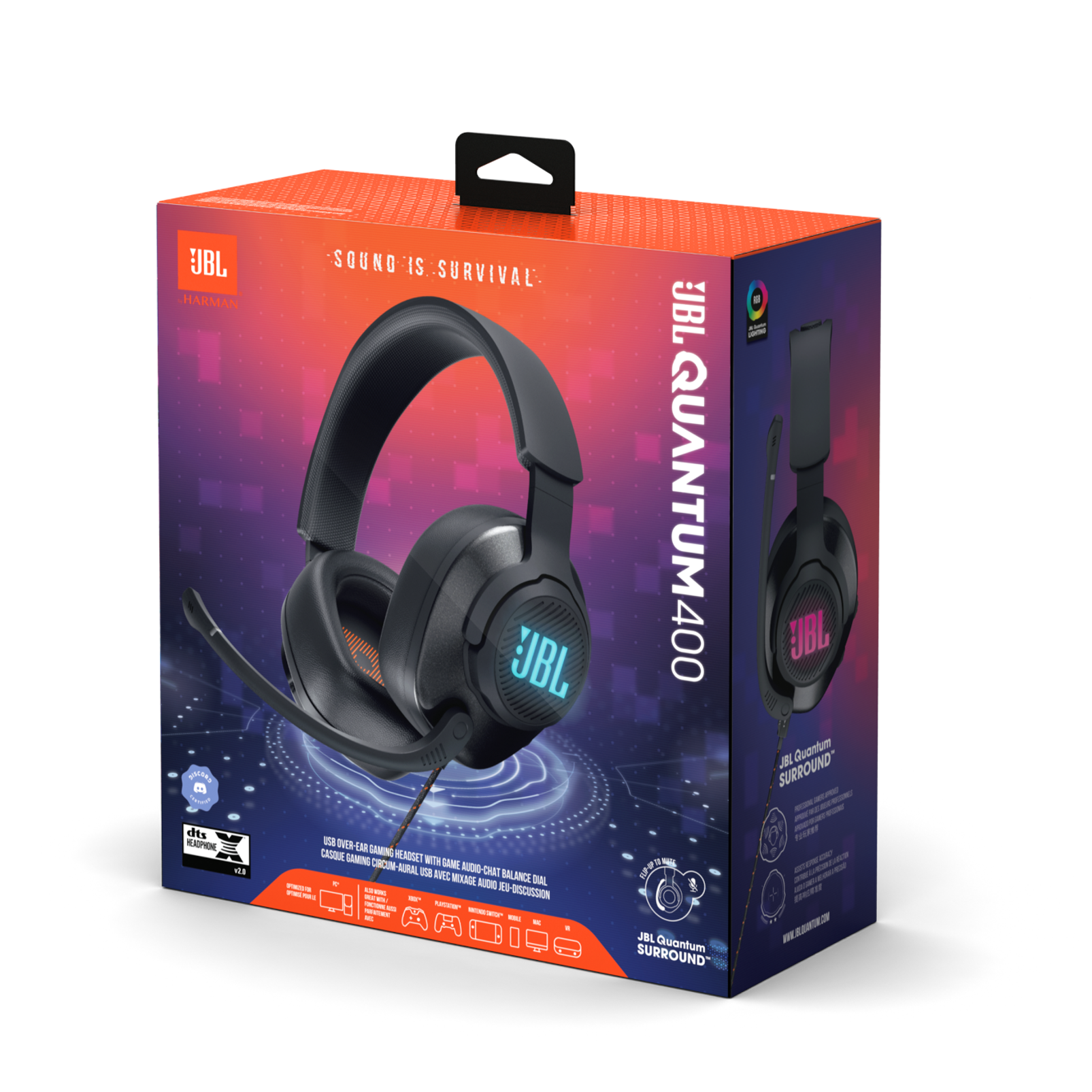 JBL Quantum 400 USB overear gaming headset with gamechat dial